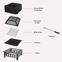 Outsunny Brasero Cheminée Grille à Charbon Couvercle Tisonnier Métal Noir + Etagère Porte Bois de Cheminée Porte-bûches Charge Max. 100 Kg Métal Noir(m-8)