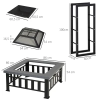 Outsunny Brasero Cheminée Grille à Charbon Couvercle Tisonnier Métal Noir + Etagère Porte Bois de Cheminée Porte-bûches Charge Max. 100 Kg Métal Noir(m-3)