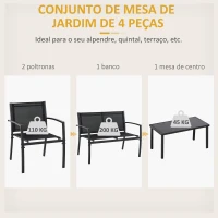 Outsunny Conjunto de Móveis de Jardim Conjunto de 4 Peças com 2 Poltronas 1 Sofá de 2 Lugares e Mesa de Centro com Tampo de Vidro Preto(m-4)