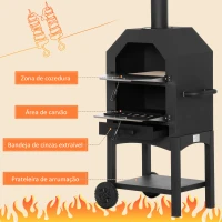 Outsunny Forno de Pizza Exterior com 2 Camadas Forno a Lenha com Rodas Gaveta Removível Prateleira para Jardim 64x54x160 cm Preto(m-7)