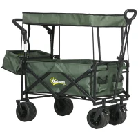 Outsunny Folding Trolley Cart Storage Wagon Beach Trailer 4 Wheels with Handle Overhead Canopy Cart Push Pull for Camping, Green(m-11)