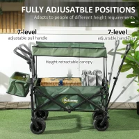 Outsunny Folding Trolley Cart Storage Wagon Beach Trailer 4 Wheels with Handle Overhead Canopy Cart Push Pull for Camping, Green(m-5)