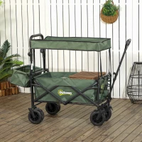 Outsunny Folding Trolley Cart Storage Wagon Beach Trailer 4 Wheels with Handle Overhead Canopy Cart Push Pull for Camping, Green(m-2)