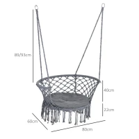 Outsunny Outdoor Hanging Rope Chair with Cotton Rope, Cotton-Polyester Blend Macrame Garden Hammock Chair with Seat Cushion, Support Backrest, for Patio, Garden, Porch, Dark Grey(m-3)