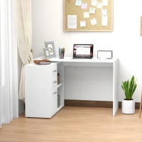 HOMCOM Scrivania Angolare per PC con 2 Cassetti e Ripiani Aperti, Scrivania ad Angolo Forma a L in Legno e Metallo, 117x83.5x76 cm, Bianco(m-2)