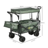 Outsunny Folding Trolley Cart Storage Wagon Beach Trailer 4 Wheels with Handle Overhead Canopy Cart Push Pull for Camping, Green(m-3)