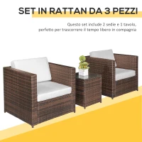 Outsunny Set Mobili da Giardino Rattan PE da 3 Pezzi, 2 Poltrone da Esterno, Tavolino e Cuscini, Marrone(m-6)