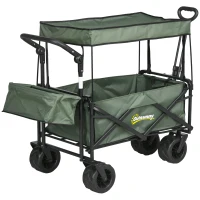 Outsunny Folding Trolley Cart Storage Wagon Beach Trailer 4 Wheels with Handle Overhead Canopy Cart Push Pull for Camping, Green(m-1)