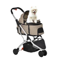 PawHut 2 In 1 Foldable Dog Stroller, Aluminium Pet Travel Carrier, with Adjustable Canopy, Universal Wheel, Brake, Basket Storage Bag, for Small Dogs Light Brown(m-5)