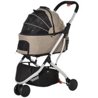 PawHut 2 In 1 Foldable Dog Stroller, Aluminium Pet Travel Carrier, with Adjustable Canopy, Universal Wheel, Brake, Basket Storage Bag, for Small Dogs Light Brown(m-1)