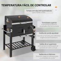 Outsunny Barbecue a Carvão com Rodas Tampa Grelhas de Aço Inoxidável Termômetro Bandeja Lateral e Prateleira 113x65x108 cm Preto(m-5)