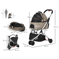 PawHut 2 In 1 Foldable Dog Stroller, Aluminium Pet Travel Carrier, with Adjustable Canopy, Universal Wheel, Brake, Basket Storage Bag, for Small Dogs Light Brown(m-3)
