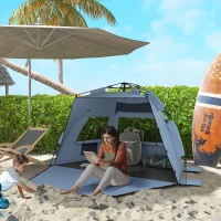 Outsunny 2-3 Person Pop Up Beach Tent, UPF15+ Sun Shelter with Extended Floor, Sandbags, Mesh Windows and Carry Bag, Light Blue(m-2)