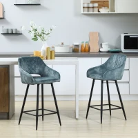 HOMCOM Bar Stools Set of 2, Velvet-Touch Fabric Counter Height Bar Chairs, Kitchen Stools with Steel Legs for Dining Area, Kitchen Island Barstools, Blue(m-10)