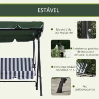 Outsunny Baloiço de Jardim de 3 Lugares com Almofada Toldo Ajustável e Estrutura de Aço para Balcão Terraço 172x110x153 cm Verde(m-5)