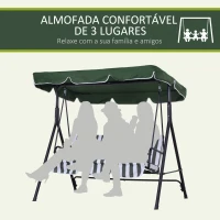 Outsunny Baloiço de Jardim de 3 Lugares com Almofada Toldo Ajustável e Estrutura de Aço para Balcão Terraço 172x110x153 cm Verde(m-7)