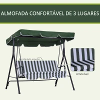 Outsunny Baloiço de Jardim de 3 Lugares com Almofada Toldo Ajustável e Estrutura de Aço para Balcão Terraço 172x110x153 cm Verde(m-6)