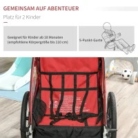 HOMCOM 3w1 Przyczepka dla Dzieci, Wózek Jogger z Obrotowym Przednim Kołem, Przyczepka Rowerowa dla 2 Dzieci z Systemem Amortyzacji, Torba na Akcesoria, Ochrona Przed Pogodą, Aluminiowa, Czerwona(m-5)