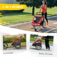 HOMCOM 2-in-1 Kinderanhänger, Regenschutz, Sicherheitsgurt, für 2 Kinder, rot+schwarz, 160 x 84 x 106 cm(m-4)