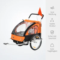 HOMCOM Kinderanhänger, für 2 Kinder, Universalkupplung, Regenschutz, orange+schwarz, 142 x 85 x 105 cm(m-5)