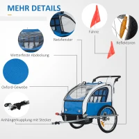 HOMCOM Kinderanhänger Fahrradanhänger mit Fahne Radanhänger für 2 Kinder Regenschutz atmungsaktiv einklappbar Oxfordgewebe Blau 155 x 88 x 108 cm(m-6)