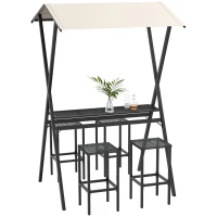 Outsunny Buiten Barmeubelset, Rattanlook, 4 Barkrukken & 1 hoge Bartafel, met Dak, Metalen Frame, Zwart/Khaki(m-9)