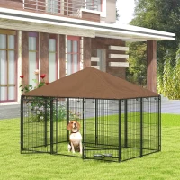 PawHut Parque para Cães com Toldo com Suporte Giratório para Comida 2 Tigelas Incluídas 211x141x151 cm Preto e Marrom(m-2)