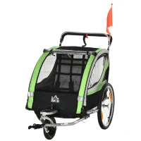 HOMCOM 2-in-1 Fietskar voor 2 Kinderen, Duwfunctie, Regenbescherming, Rem, Groen(m-1)
