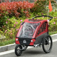 HOMCOM 3w1 Przyczepka dla Dzieci, Wózek Jogger z Obrotowym Przednim Kołem, Przyczepka Rowerowa dla 2 Dzieci z Systemem Amortyzacji, Torba na Akcesoria, Ochrona Przed Pogodą, Aluminiowa, Czerwona(m-2)