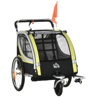 HOMCOM 2-in-1 Fietskar voor 2 Kinderen, Duwfunctie, Regenbescherming, Rem, Geel(m-10)