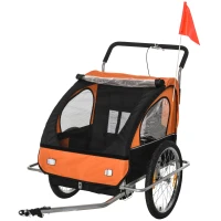 HOMCOM Kinderanhänger, für 2 Kinder, Universalkupplung, Regenschutz, orange+schwarz, 142 x 85 x 105 cm(m-10)