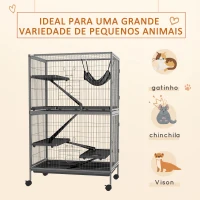 PawHut Gaiola para Roedores 80x52x128 cm Casa de 4 Alturas com Rampas Suspensa Rede Bandeja Removível Rodas Cinza Prateado(m-4)