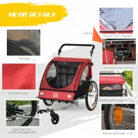 HOMCOM 2-in-1 Kinderanhänger, Regenschutz, Sicherheitsgurt, für 2 Kinder, rot+schwarz, 160 x 84 x 106 cm(m-7)