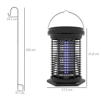Outsunny Lâmpada Mata Mosquitos Elétrica 2 em 1 5W com Luzes LED UV Recarregável Solar e USB Efeito 30 m² para Jardim Terraço Preto(m-3)