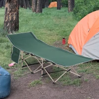 Outsunny Single Person Camping Bed Folding Cot Outdoor Patio Portable Military Sleeping Bed Travel Guest Leisure Fishing with Side Pocket and Carry Bag - Green(m-10)