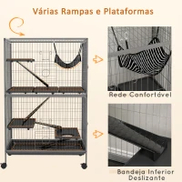PawHut Gaiola para Roedores 80x52x128 cm Casa de 4 Alturas com Rampas Suspensa Rede Bandeja Removível Rodas Cinza Prateado(m-6)