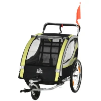 HOMCOM 2-in-1 Fietskar voor 2 Kinderen, Duwfunctie, Regenbescherming, Rem, Geel(m-1)