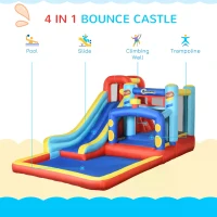 Outsunny 4 in 1 Bouncy Castle, with Slide, Pool, Trampoline, Climbing Wall, Blower - Multicoloured(m-4)