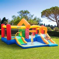 Outsunny 4 in 1 Kids Bouncy Castle Extra Large Double Slides & Trampoline Design Inflatable House Pool Climbing Wall with Blower Carrybag for Kids Age 3-8, 3.8 x 3.7 x 2.3m(m-15)