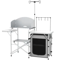 Outsunny Móvel de Cozinha para Campismo Dobrável com Mesas Estante Suporte de Luz e Ganchos 144x48x119 cm Prata e Cinza Claro(m-11)