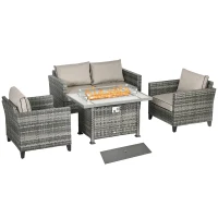 Outsunny 5-Piece Rattan Patio Furniture Set with Gas Fire Pit Table, Loveseat Sofa, Armchairs, Cushions, Pillows, Grey(m-11)