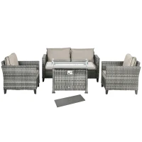 Outsunny 5-Piece Rattan Patio Furniture Set with Gas Fire Pit Table, Loveseat Sofa, Armchairs, Cushions, Pillows, Grey(m-1)
