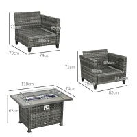 Outsunny 5-Piece Rattan Patio Furniture Set with Gas Fire Pit Table, Loveseat Sofa, Armchairs, Cushions, Pillows, Grey(m-3)
