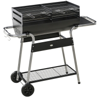 Outsunny Charcoal Barbecue Grill BBQ Trolley - with Double Grill, Side Table, Storage Shelf, and Wheels for Outdoor Cooking, 130 x 51 x 111cm, Black