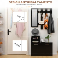 HOMCOM Set Appendi Abiti da Ingresso con Specchio e Scarpiera per 8 Paia di Scarpe, Nero Lucido(m-7)