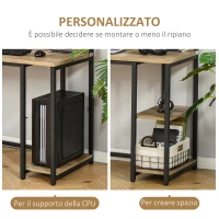 HOMCOM Scrivania Doppia con Scaffali e Mensola per Monitor in Stile Industriale, Scrivania con Libreria Salvaspazio per Ufficio e Studio in Metallo e MDF, 200x53x100cm, Nero Marrone(m-6)