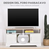 HOMCOM Mobile TV con 3 Scomparti Aperti, 2 Armadietti e Piano d'Appoggio, Mobile per TV fino a 50", in Truciolato, 105x40x52cm, Bianco e Legno(m-6)