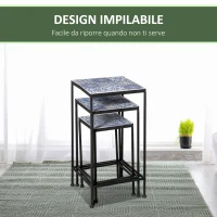 Outsunny Portapiante Floreale di Metallo con Superficie in Piastrelle di Ceramica 3 Unità per Giardino e Balcone Blu e Nero(m-6)