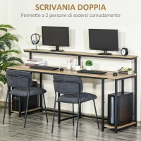 HOMCOM Scrivania Doppia con Scaffali e Mensola per Monitor in Stile Industriale, Scrivania con Libreria Salvaspazio per Ufficio e Studio in Metallo e MDF, 200x53x100cm, Nero Marrone(m-4)