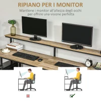 HOMCOM Scrivania Doppia con Scaffali e Mensola per Monitor in Stile Industriale, Scrivania con Libreria Salvaspazio per Ufficio e Studio in Metallo e MDF, 200x53x100cm, Nero Marrone(m-5)